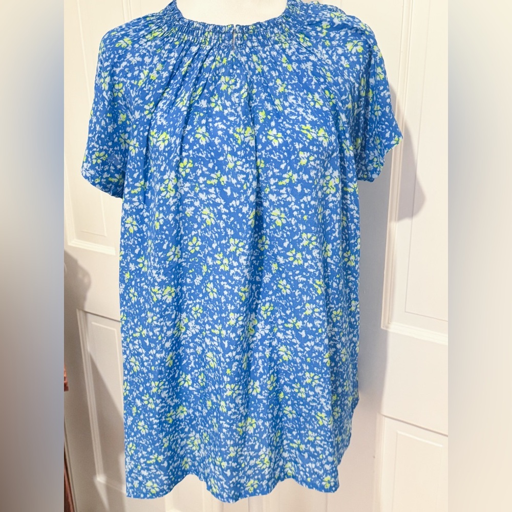 Rungolee Blue and Green Smocked Neck Blouse Side Buttons Sz L NWT